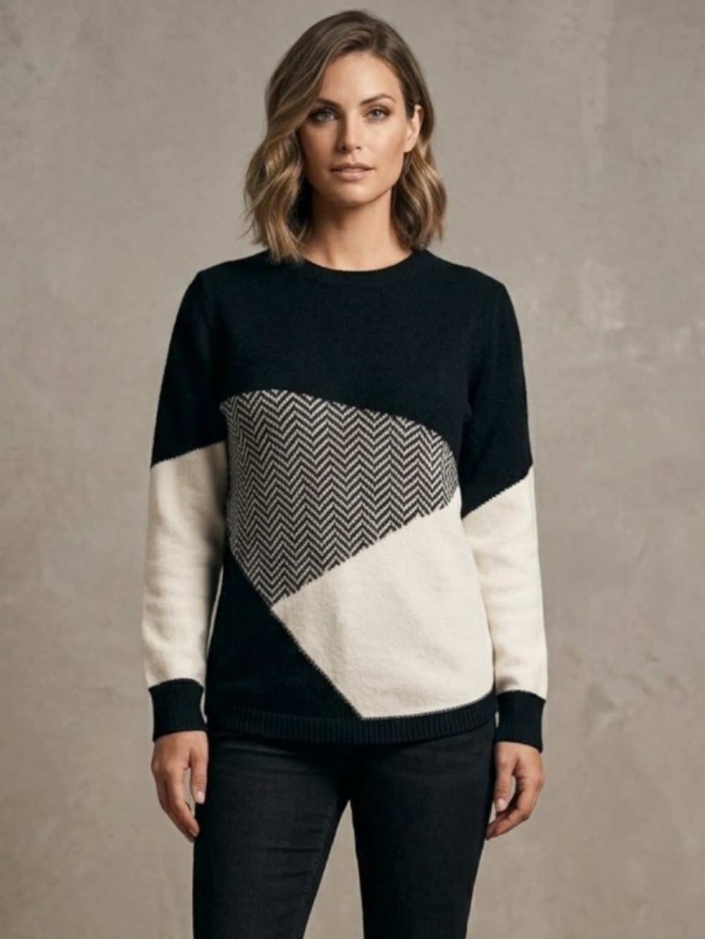NWT Herringbone Chevron Colourblock Pullover Knit XL Black White Cozy Sweater